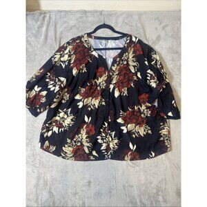 Catherines 3XWP Blouse Black Red Gold Floral Button Front 3/4 Sleeve Plus Top